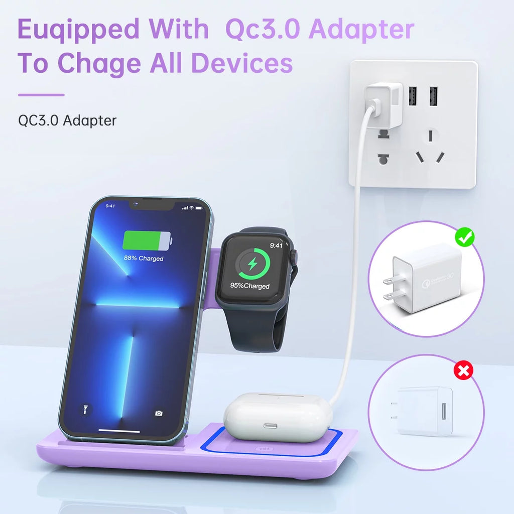 Wireless Charging Station, 3 in 1 Wireless Charger for Iphone 17/16/15/14/13/12/11/Pro/Pro Max/Xs, 18W Charging Dock for Iwatch Series 11 10 9 8 7 6 5 4 3 2, Airpods 4/3/2/Pro(Purple)