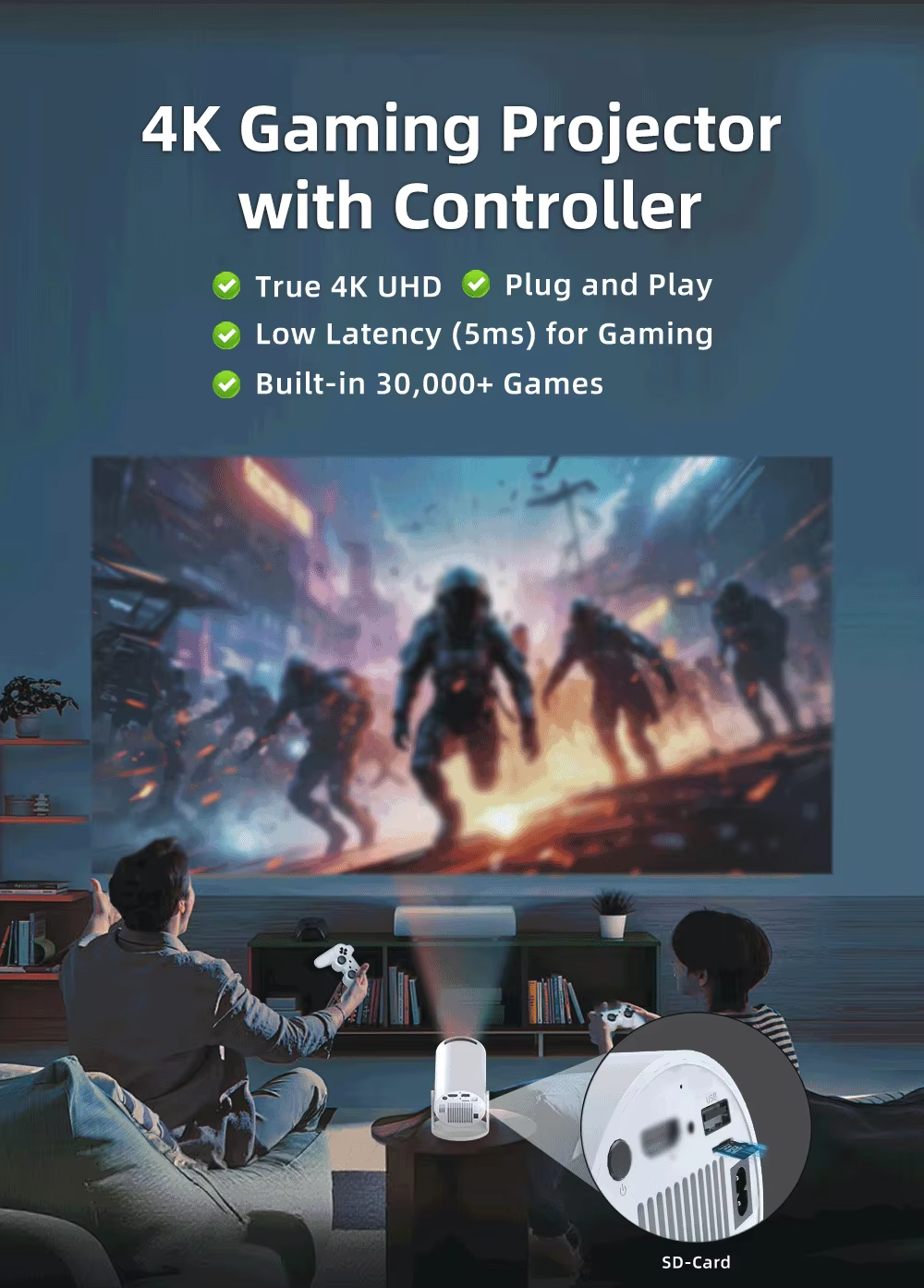 30000+ GAME Projectors 4K Android Portable Video Projector Bluetooth and Wifi Home Theater Support Netfli Youtub